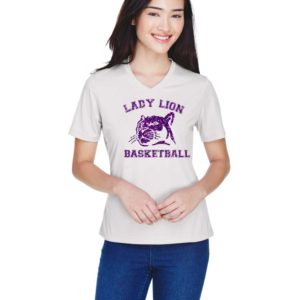Women's Lady Lion Performance V Neck T Shirt with Glitter Mascot