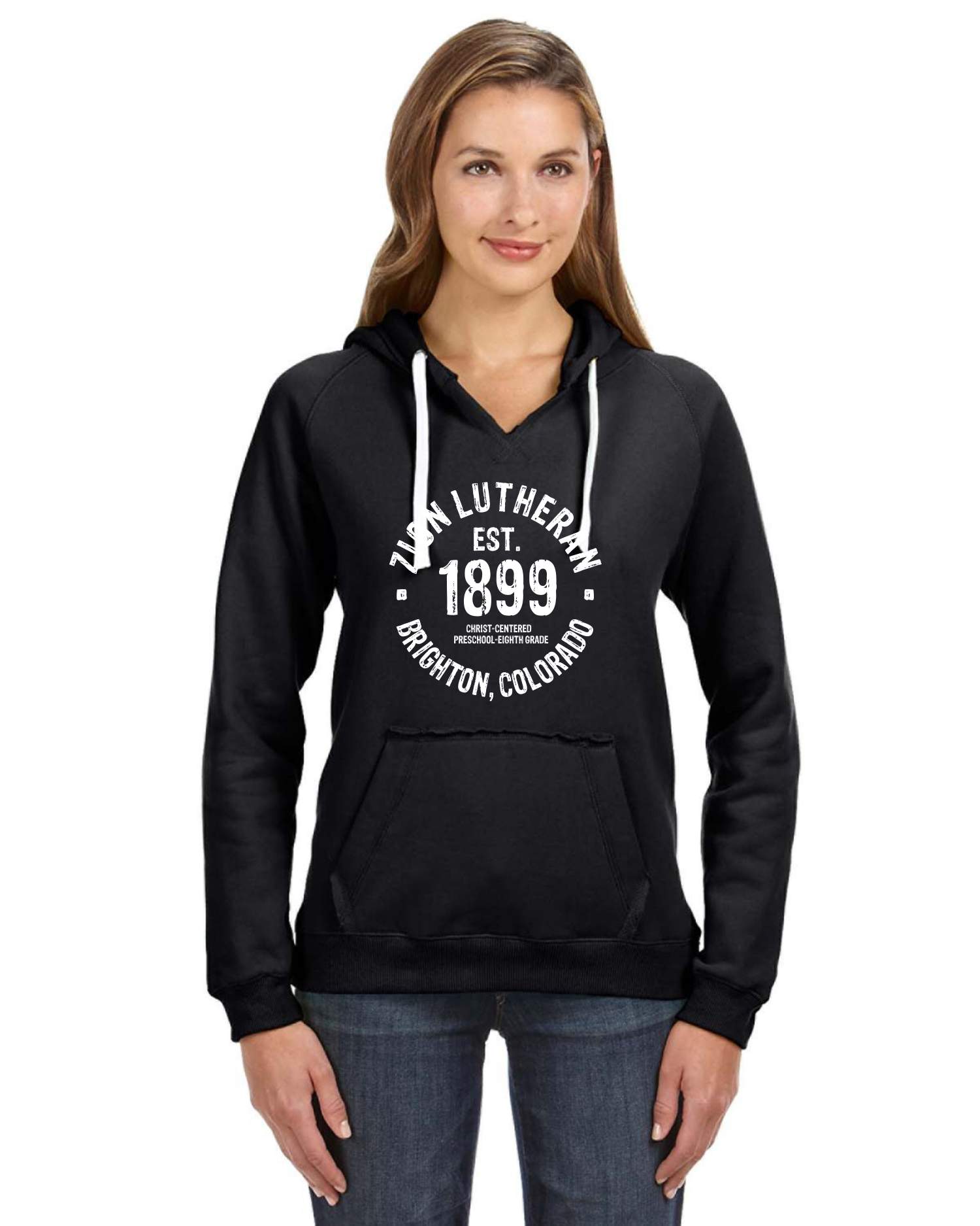 Zion Ladies V Neck Ultra Soft Hoodie with Emblem or 1899 - Kanizzle